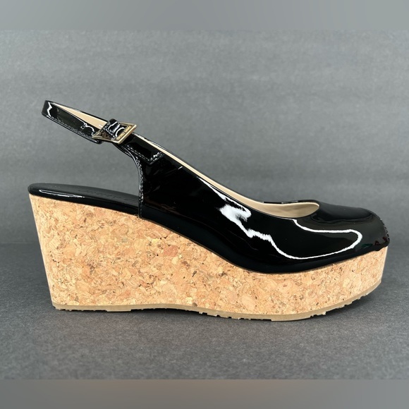 Jimmy Choo Praise Black Patent Cork Wedge Heel Slingback Pumps Size Eu 37.5